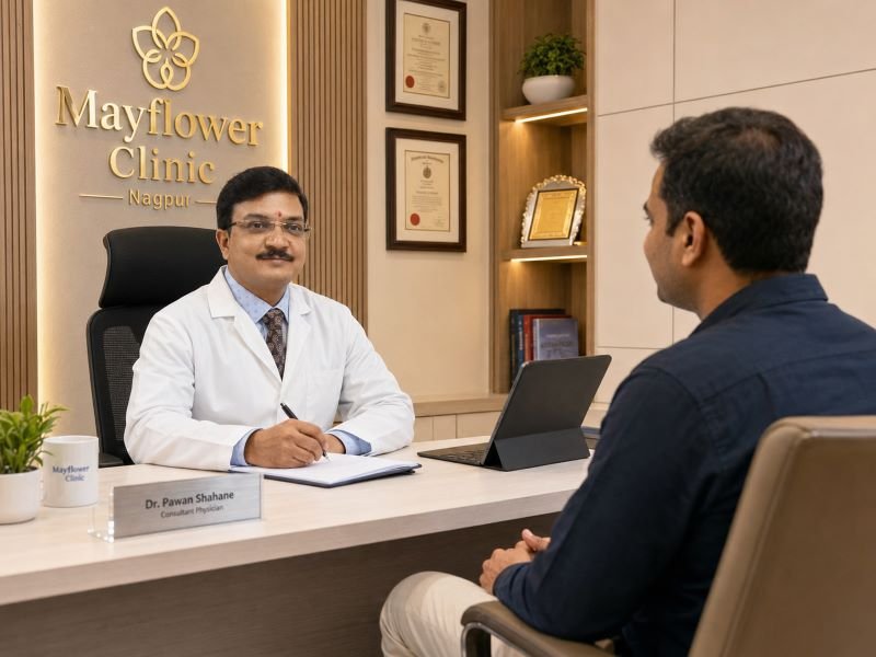 Private consultation with Dr. Pawan Shahane at Mayflower Clinic, Nagpur