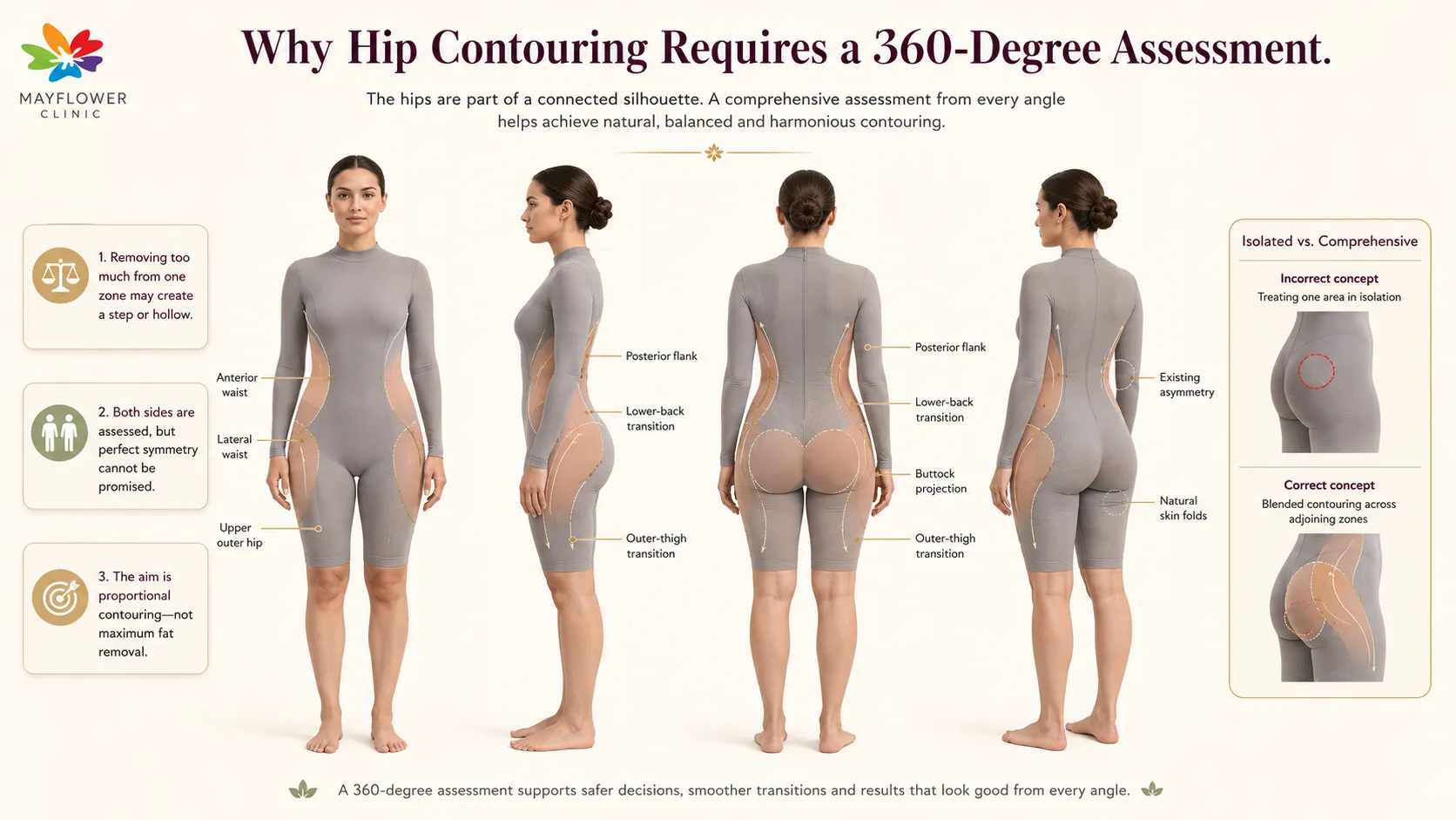 Four-view medical illustration of 360-degree waist, flank, hip, buttock and upper-thigh contour assessment