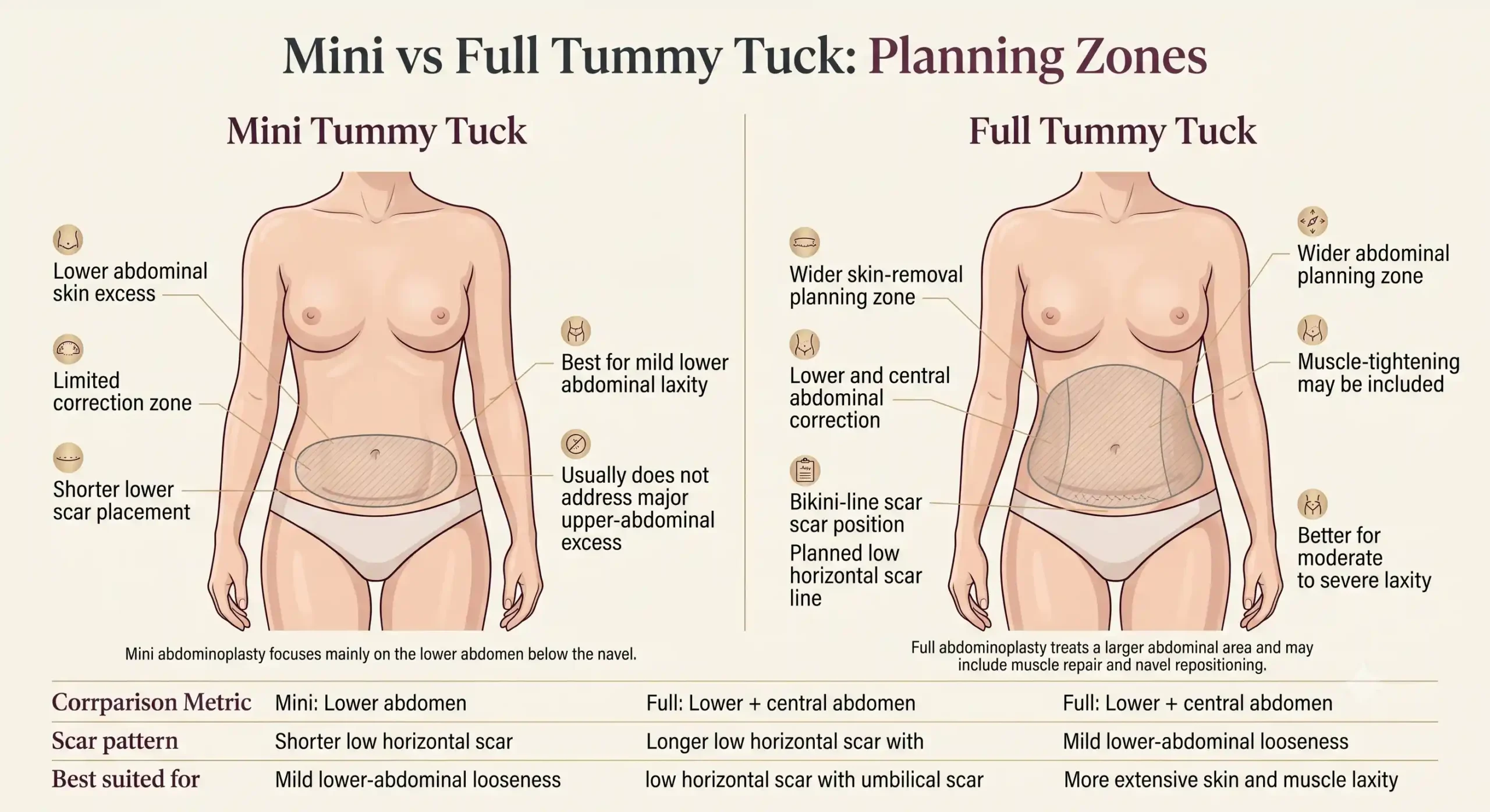 Mini tummy tuck versus full tummy tuck planning zones