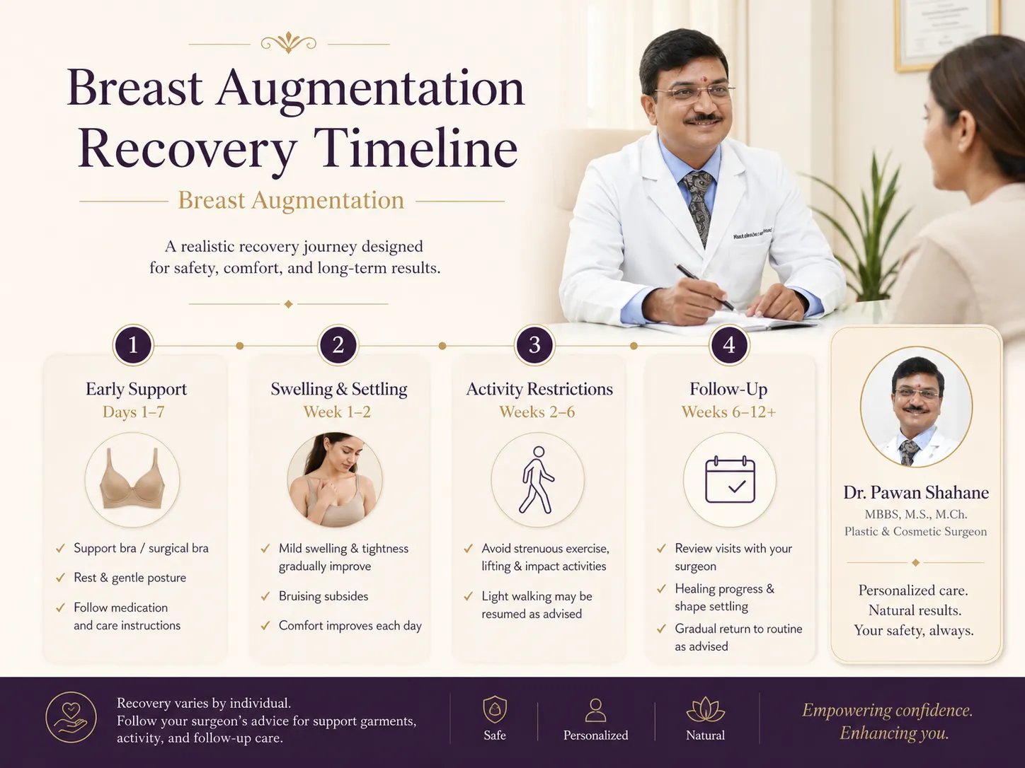 Breast augmentation recovery timeline showing support, activity restriction and follow-up