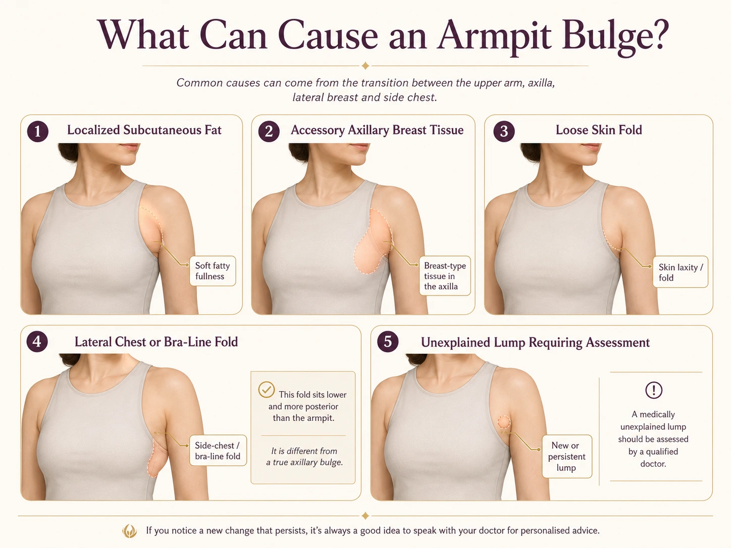 Medical illustration explaining localized fat, accessory axillary breast tissue, loose skin, lateral chest fold and a lump requiring assessment