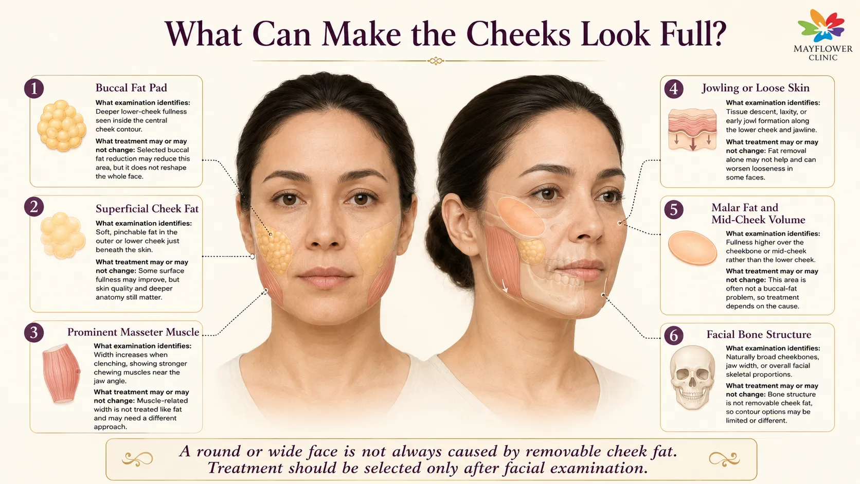 Causes of cheek fullness including deep buccal fat, superficial fat, masseter muscle, skin laxity and facial bone structure
