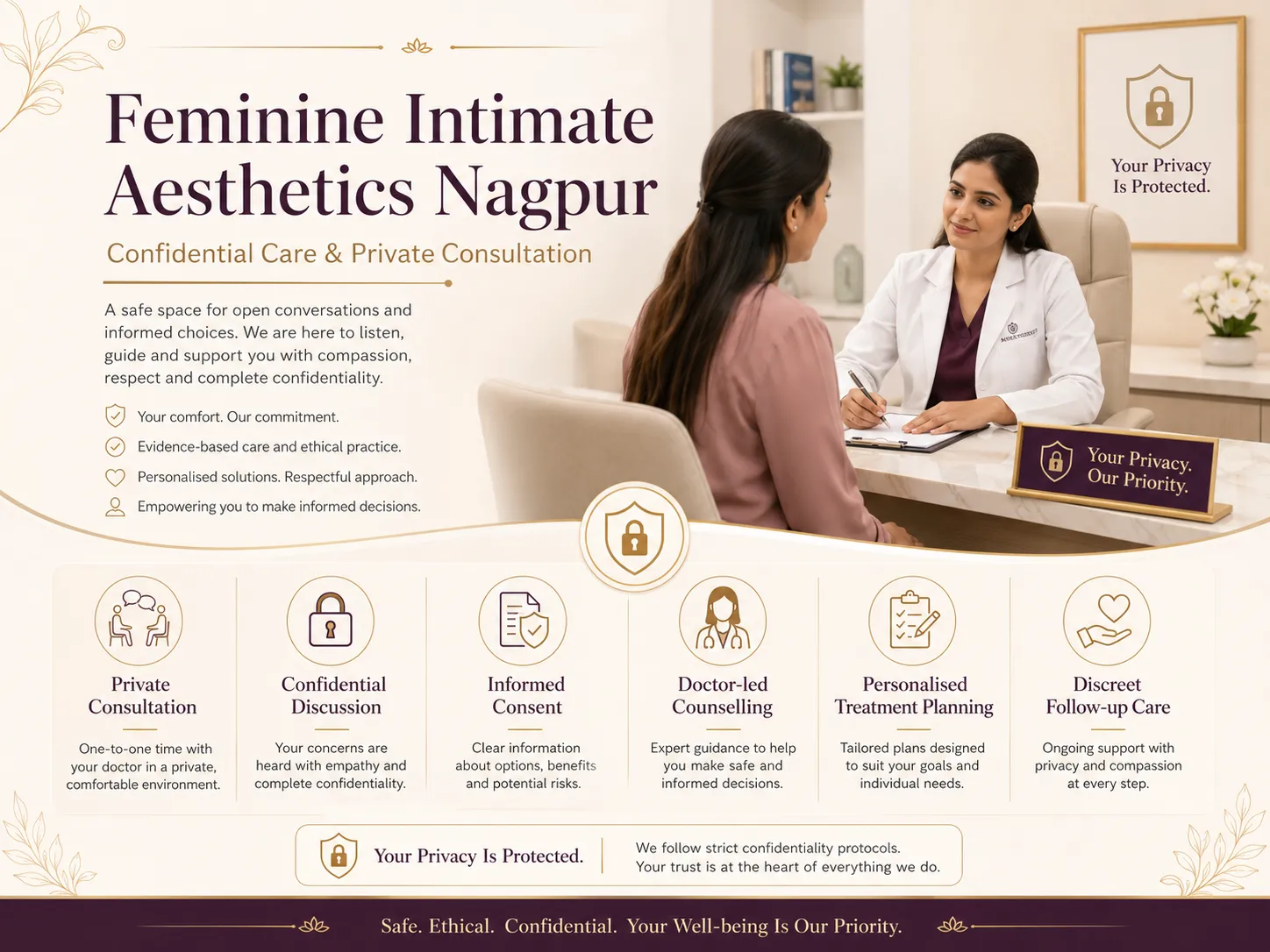 Confidential care, consent and privacy illustration for feminine intimate aesthetics