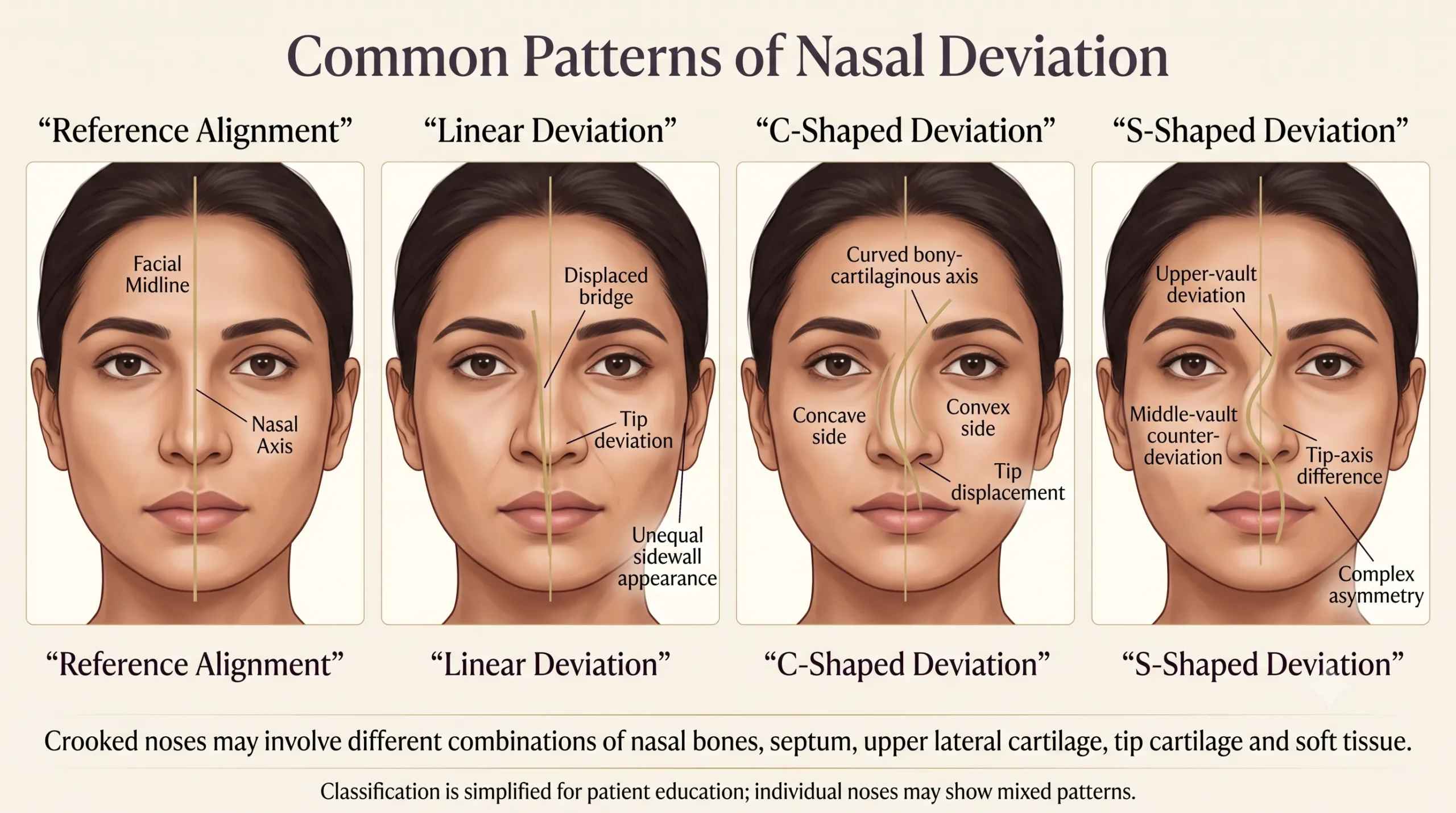 Reference alignment, linear deviation, C-shaped deviation and S-shaped crooked nose patterns