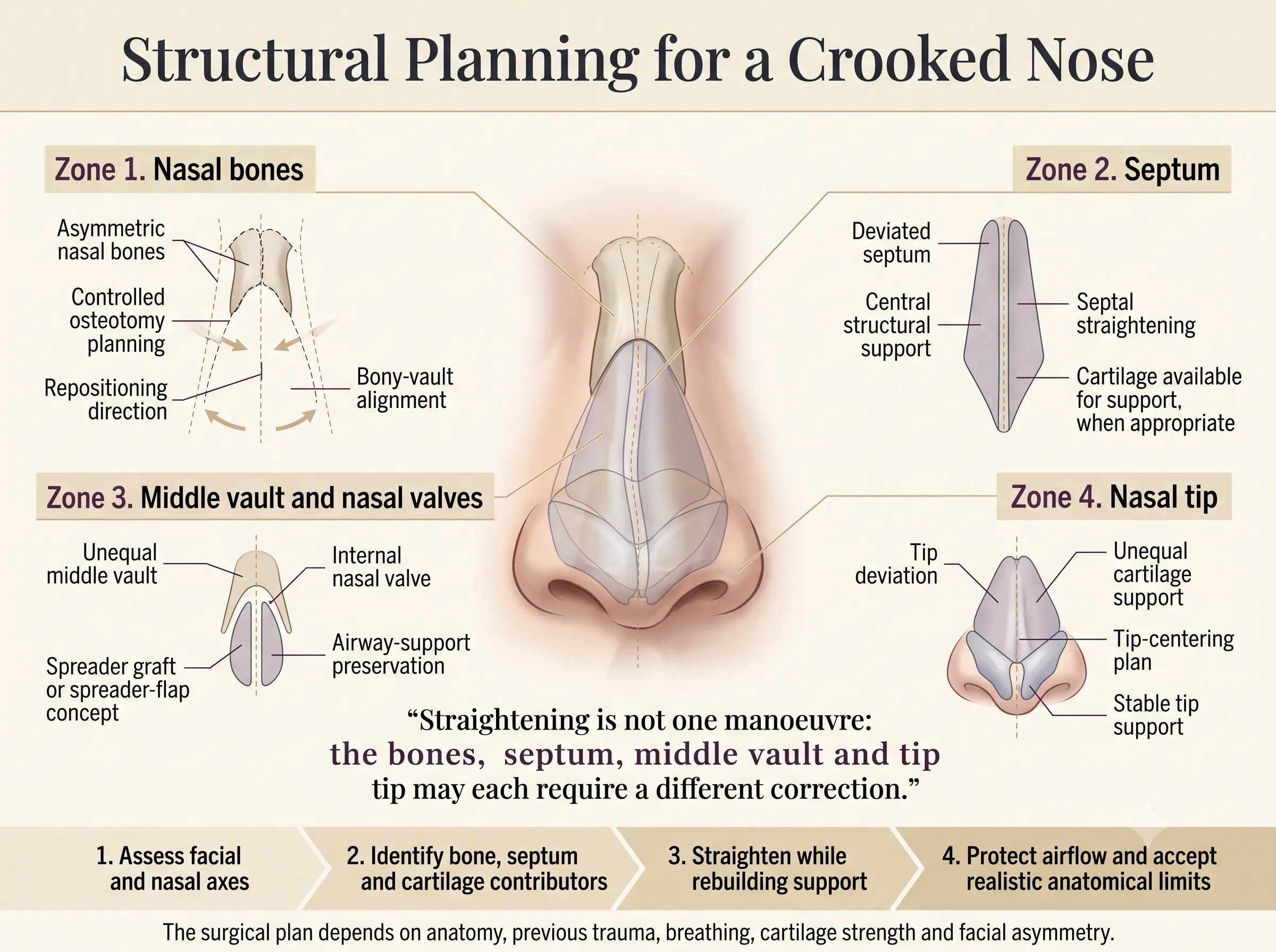 Crooked nose straightening structural planning diagram showing bones, septum, middle vault, tip and breathing protection