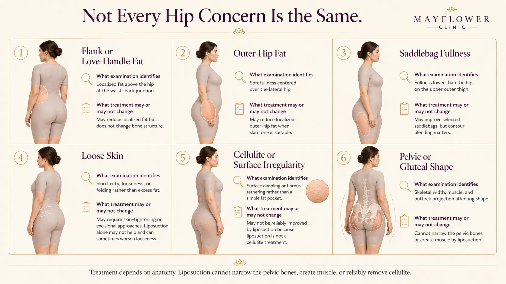 Medical infographic comparing flank fat, outer-hip fat, saddlebags, loose skin, cellulite and pelvic or gluteal structure