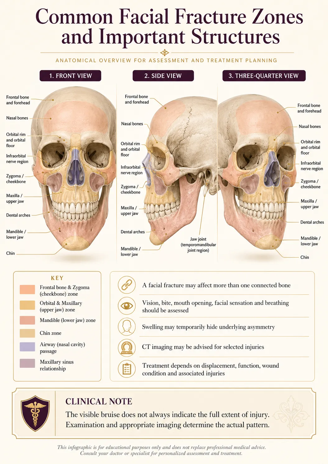 Facial fracture zones anatomy map showing nasal bones, orbit, cheekbone, upper jaw, lower jaw, chin and important facial structures