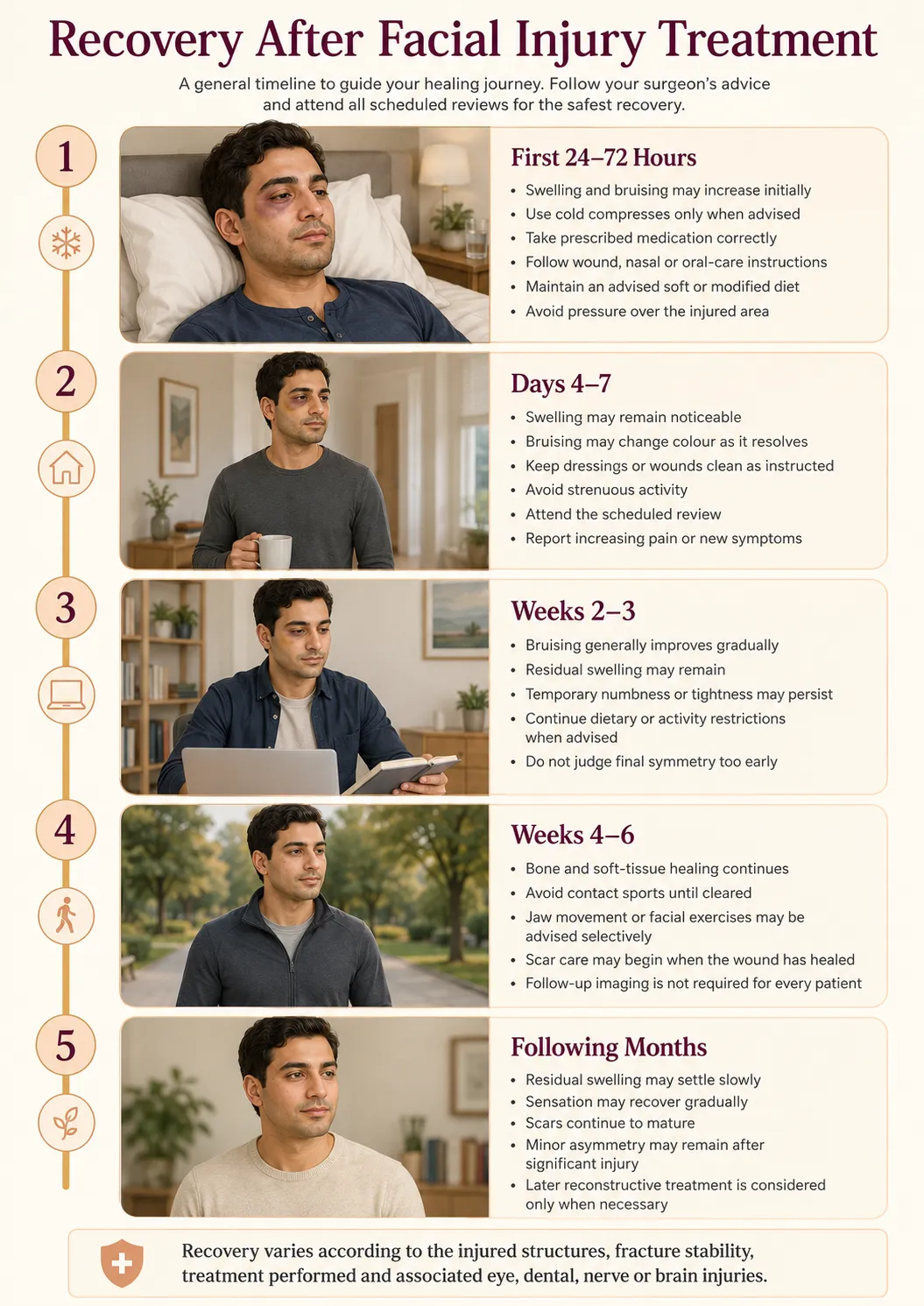 Recovery timeline after facial injury and maxillofacial treatment from the first days through later healing