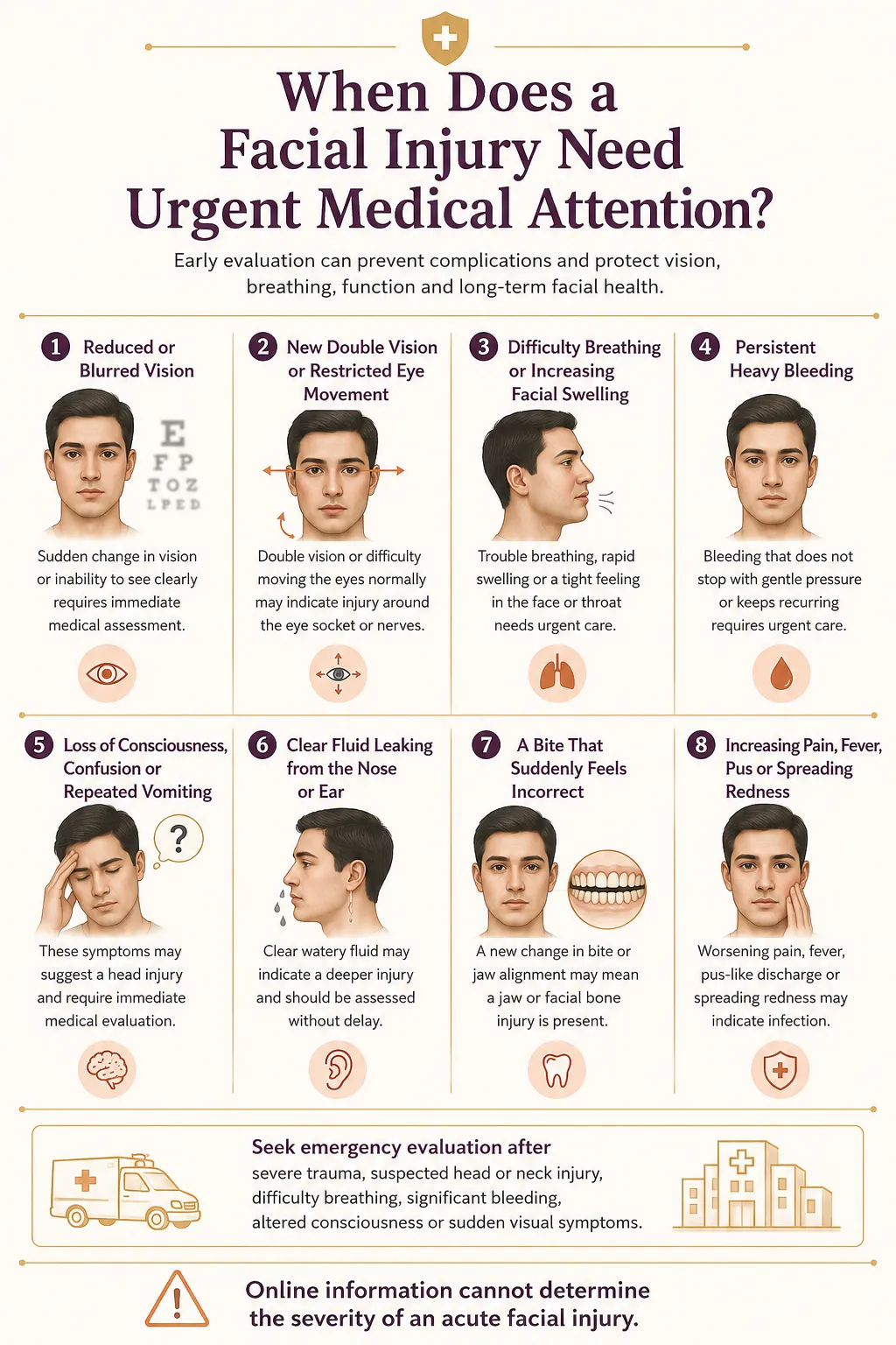 Urgent warning signs after facial injury including visual symptoms, breathing difficulty, heavy bleeding, confusion and an altered bite