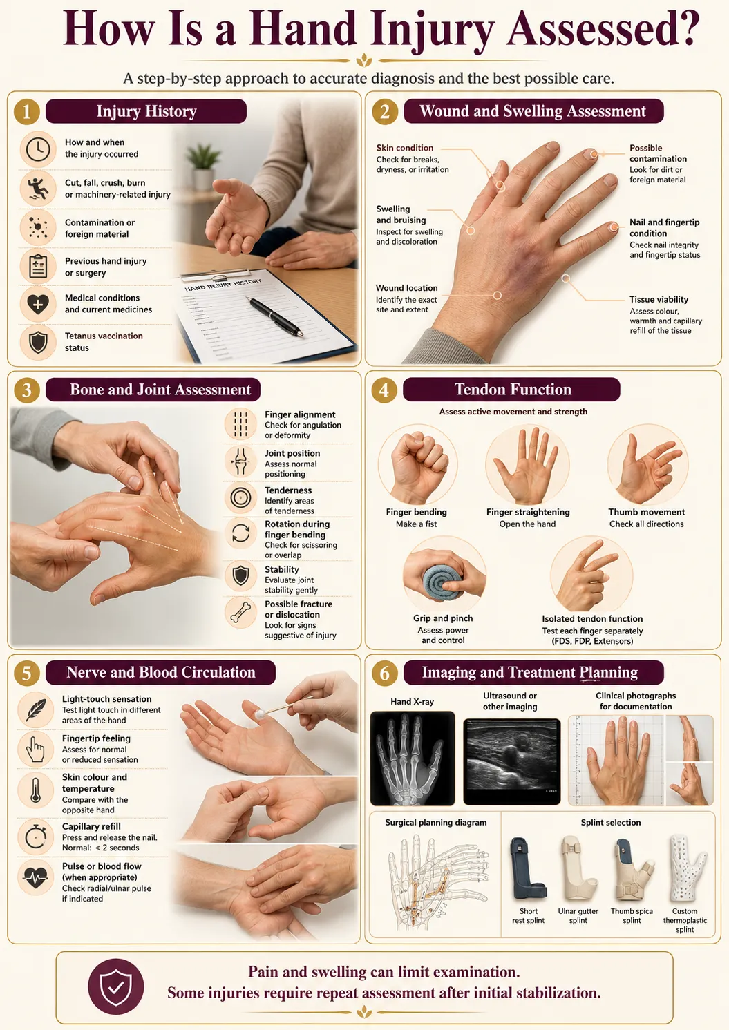 Hand injury clinical assessment infographic showing wound bone joint tendon nerve circulation and imaging evaluation