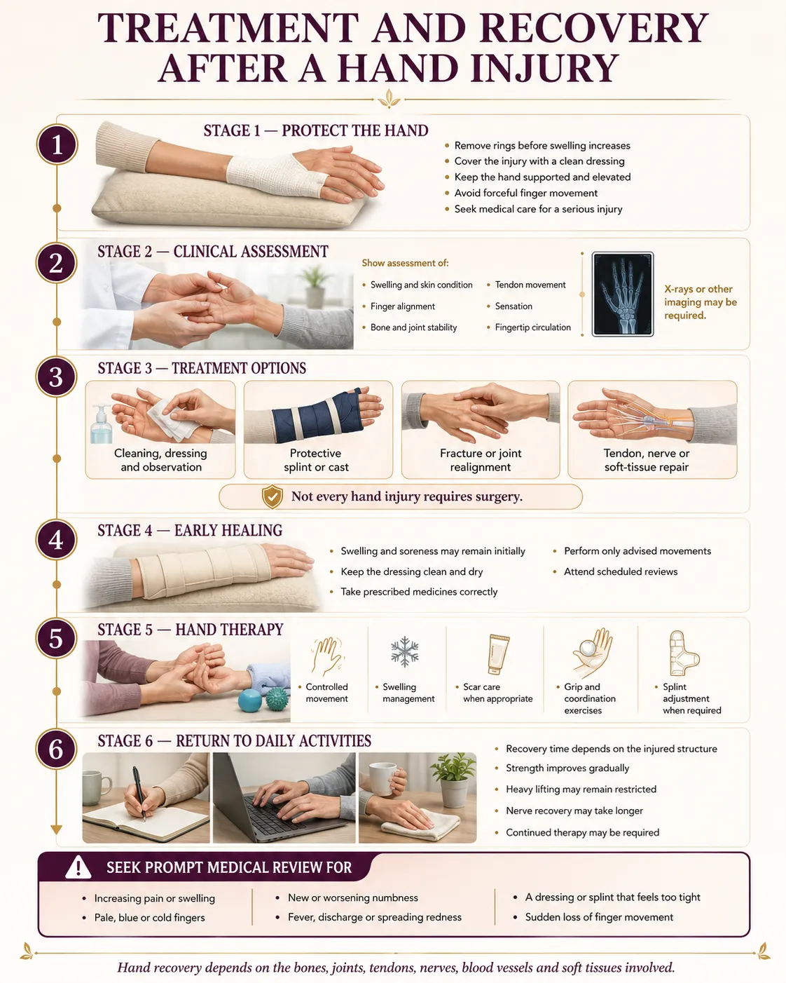 Hand injury treatment and recovery pathway including protection assessment treatment hand therapy and return to activities