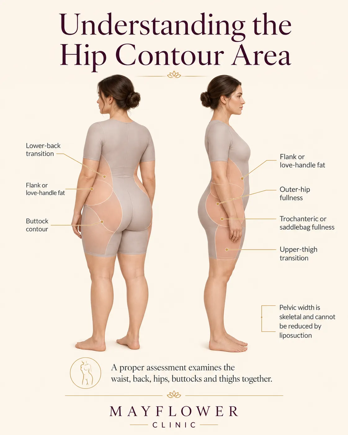 Medical illustration showing flank, love-handle, outer-hip, saddlebag and upper-thigh contour zones