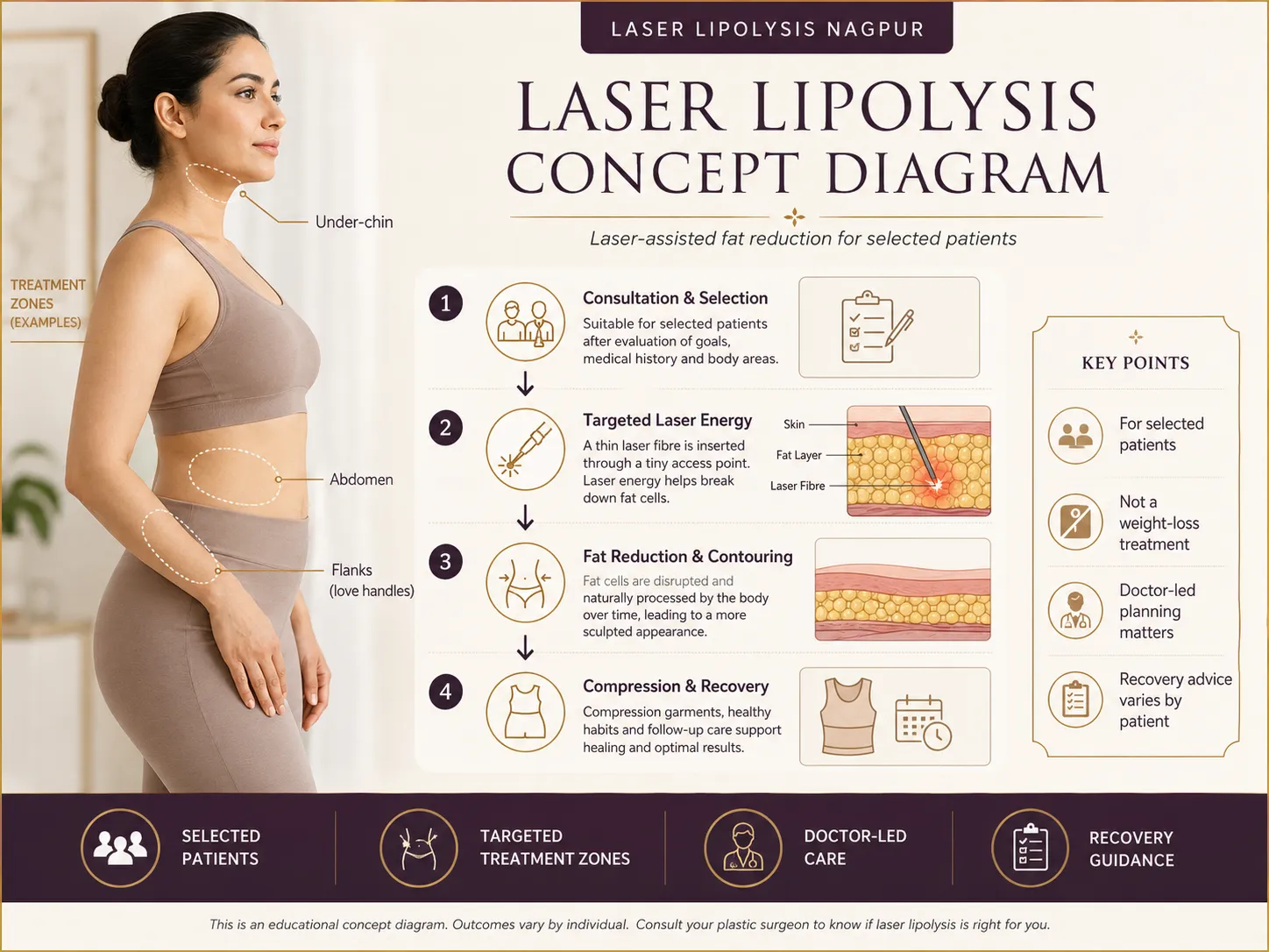 Educational laser lipolysis concept diagram showing consultation, fibre treatment, contouring and recovery