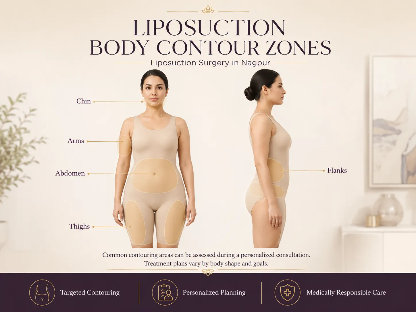 Medical illustration showing common liposuction body contour zones including abdomen flanks thighs arms and chin