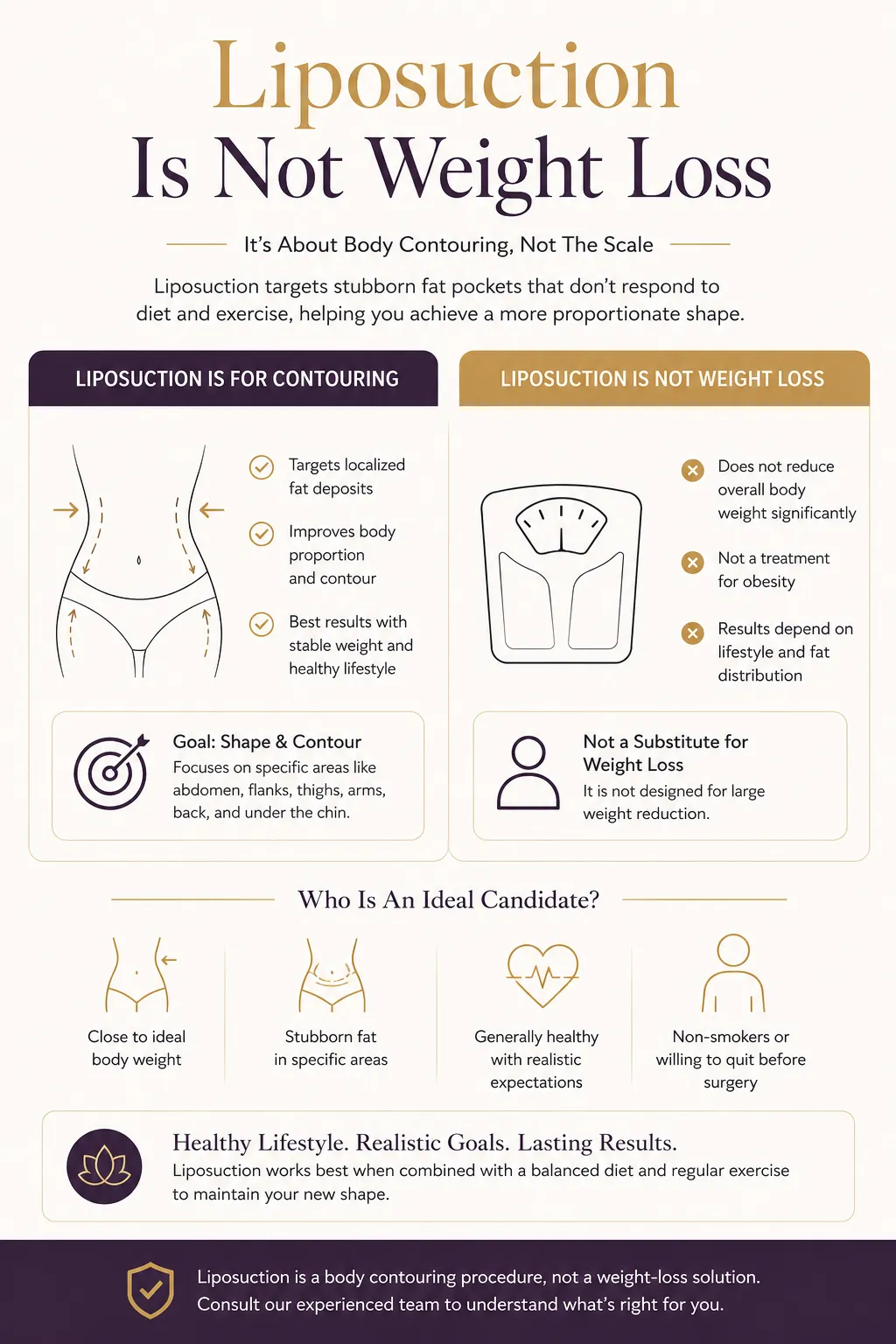Infographic explaining that liposuction is body contouring and not a weight-loss substitute