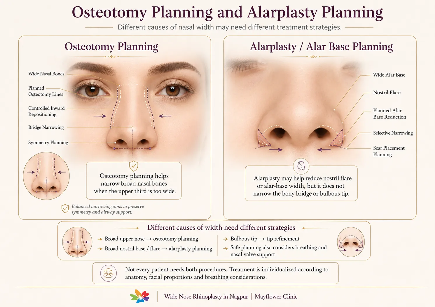 Osteotomy planning diagram for controlled narrowing of broad nasal bones