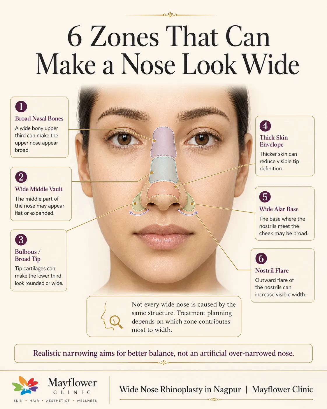 Six zones of a wide nose assessed from the frontal view, including bony vault, middle vault, tip, skin envelope, alar flare and nostril base