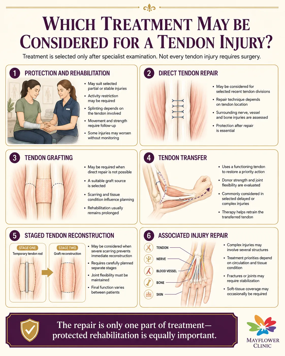 Comparison infographic showing protection rehabilitation direct tendon repair tendon grafting tendon transfer tenolysis and staged reconstruction