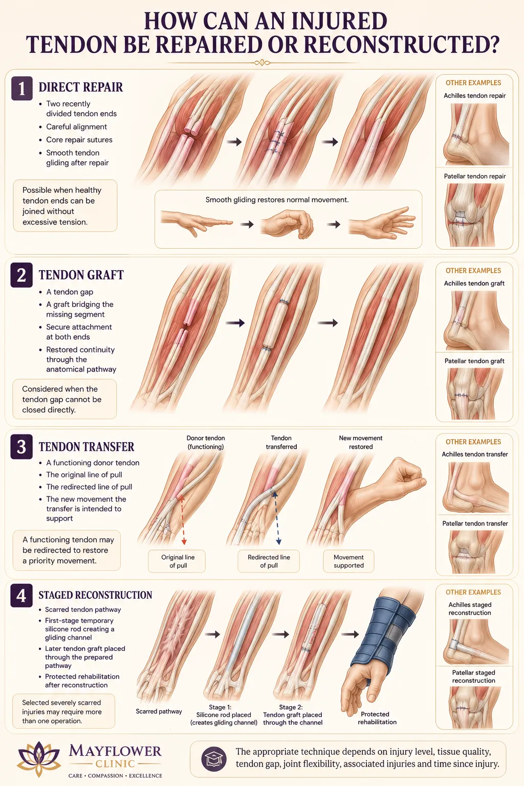 Medical illustration comparing direct tendon repair tendon graft tendon transfer and staged tendon reconstruction