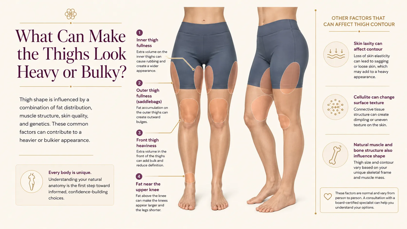 Medical illustration showing inner thigh fullness, outer thigh saddlebags, front thigh heaviness and upper-knee fat, with notes on skin laxity and cellulite
