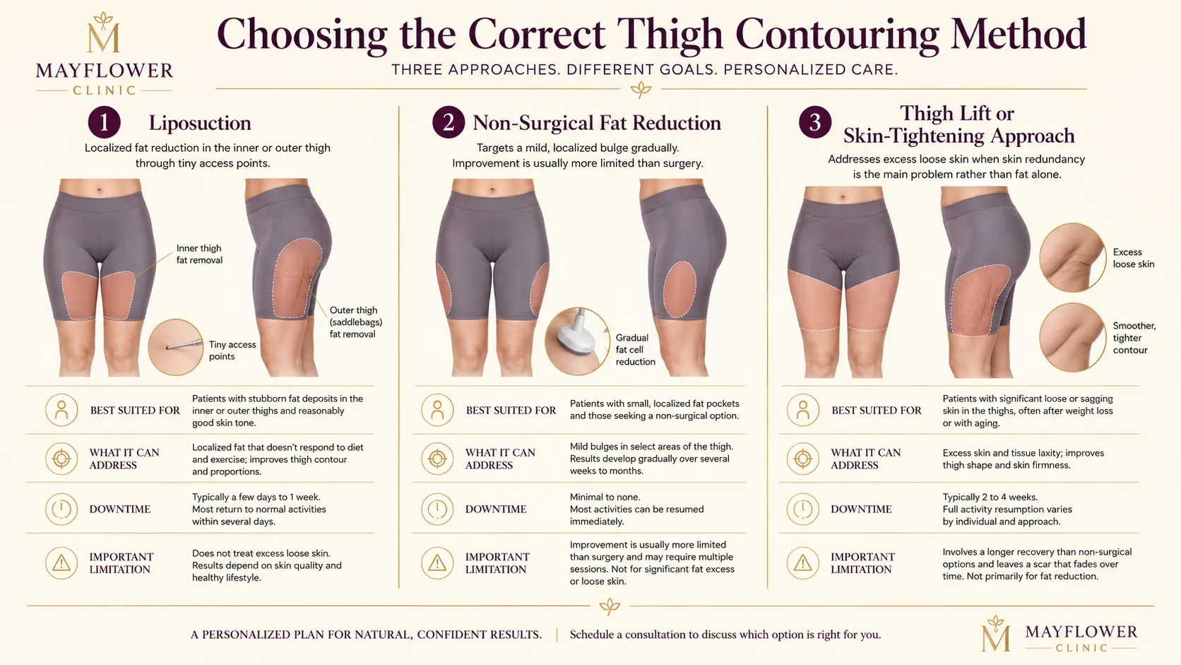 Comparison infographic showing liposuction, non-surgical fat reduction and thigh lift or skin-tightening options for thigh contouring