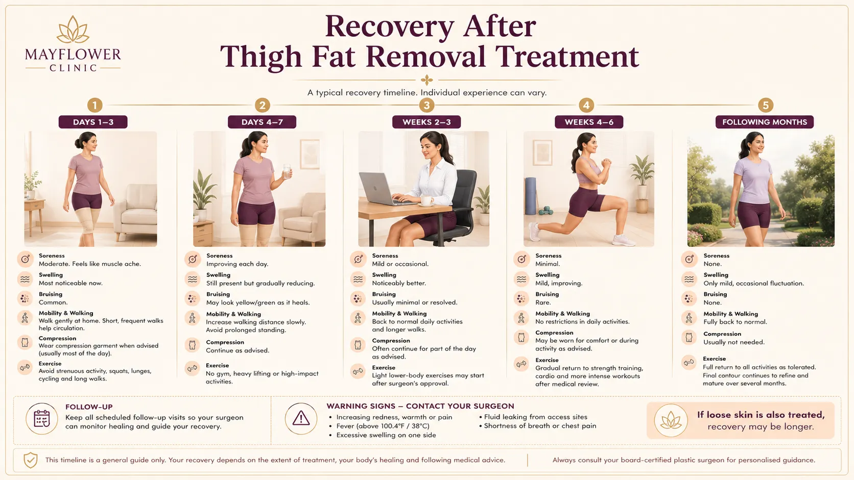 Recovery timeline after thigh fat removal showing early walking, compression when advised, return to work and gradual return to exercise