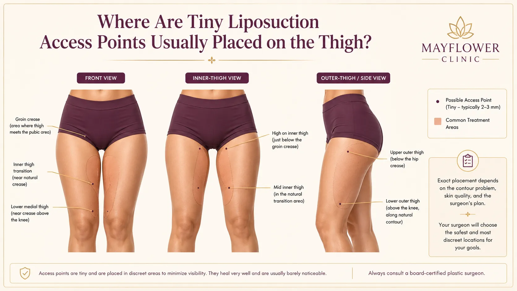 Educational illustration showing typical small liposuction access-point locations for inner-thigh and outer-thigh contouring