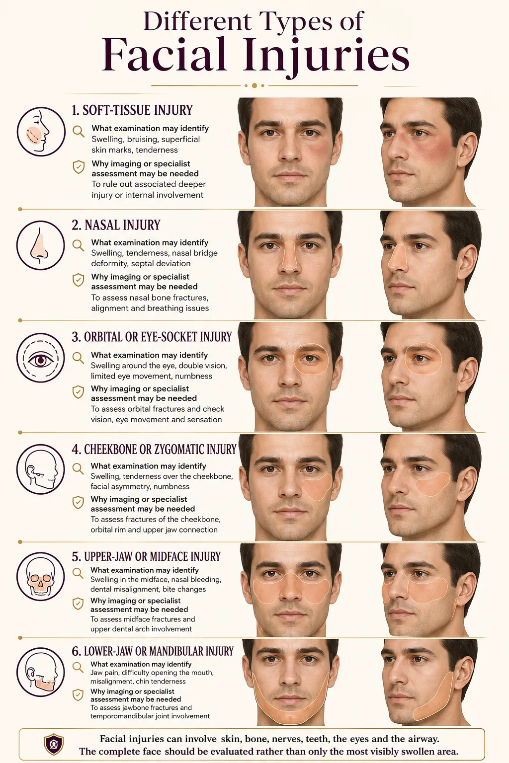 Different types and zones of facial injuries involving soft tissue, nose, orbit, cheekbone, upper jaw and lower jaw