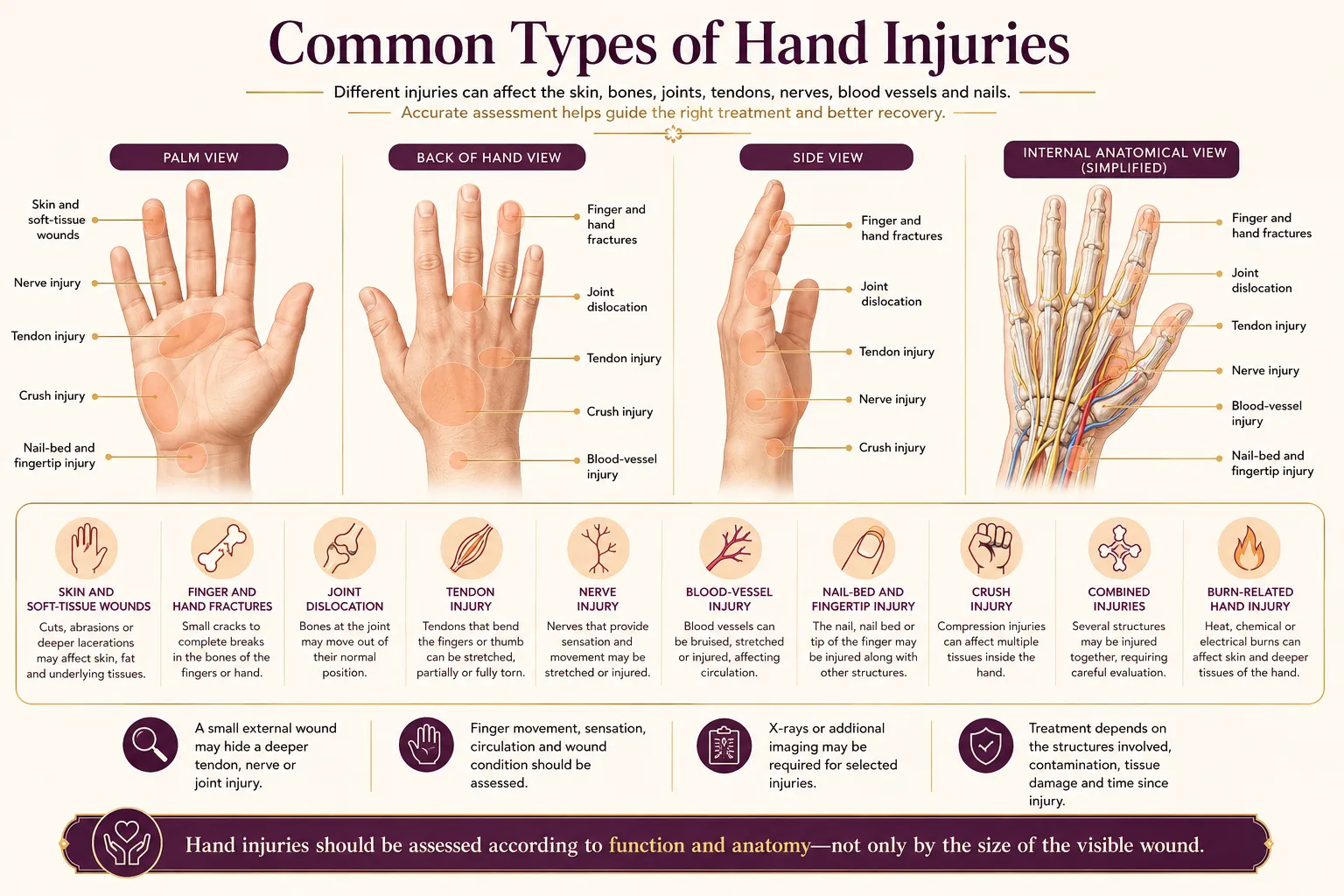 Anatomy map showing common types and locations of hand injuries