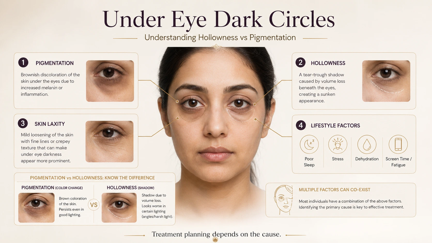 Diagram comparing under-eye pigmentation, hollowness, skin laxity and lifestyle factors