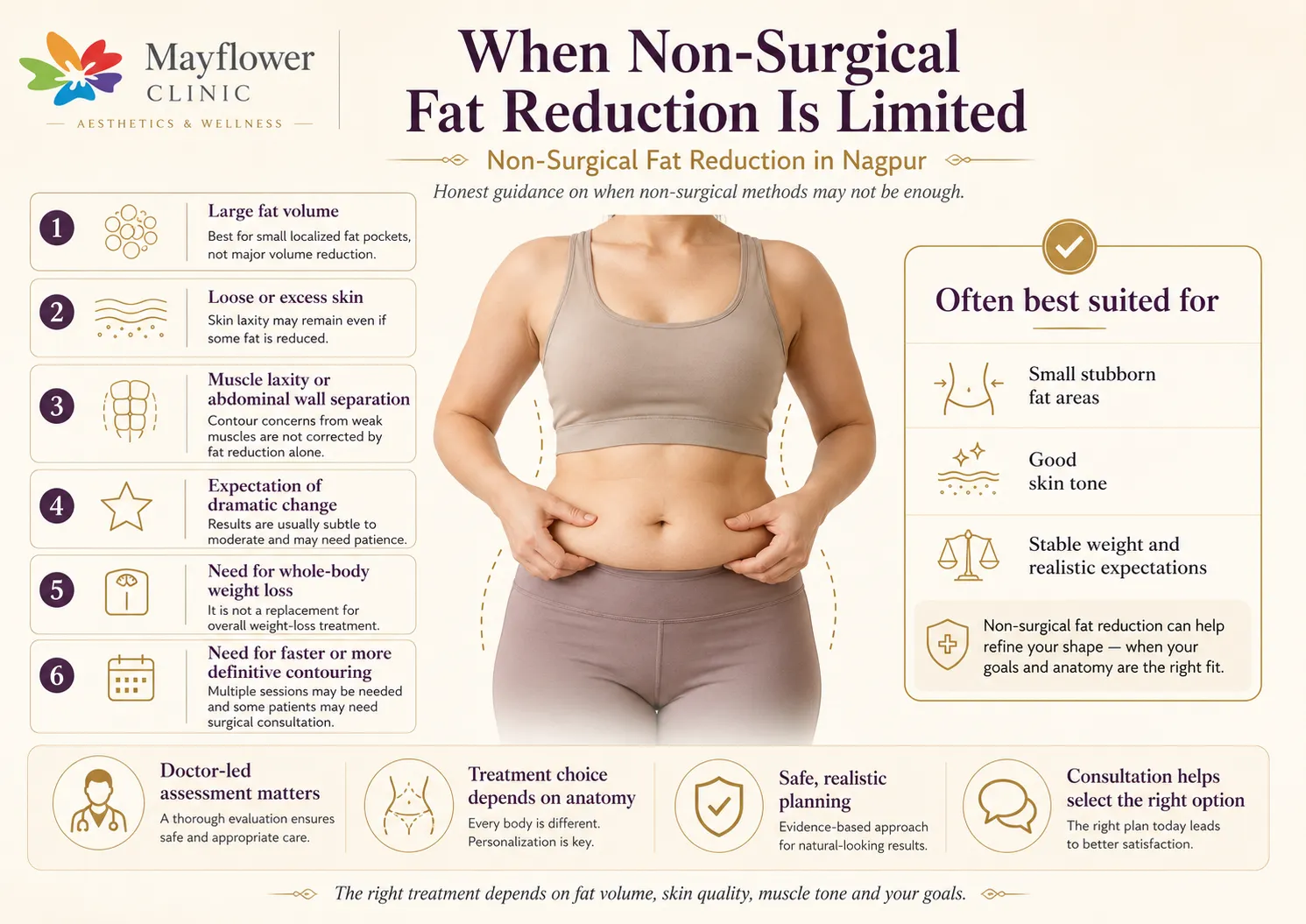 Infographic explaining limitations of non-surgical fat reduction when loose skin or larger contour change is present