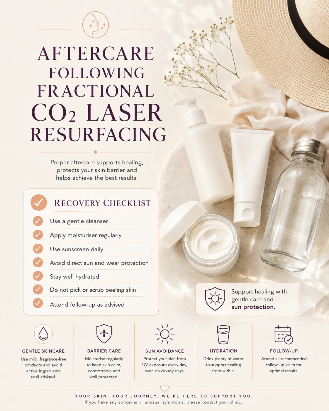 Aftercare following fractional CO2 laser resurfacing including gentle cleanser moisturiser sunscreen sun protection and recovery checklist
