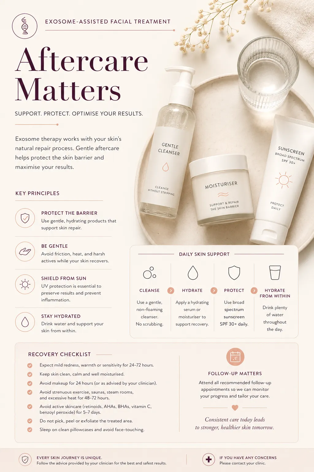 Aftercare following exosome therapy with gentle cleansing moisturiser hydration and sun protection