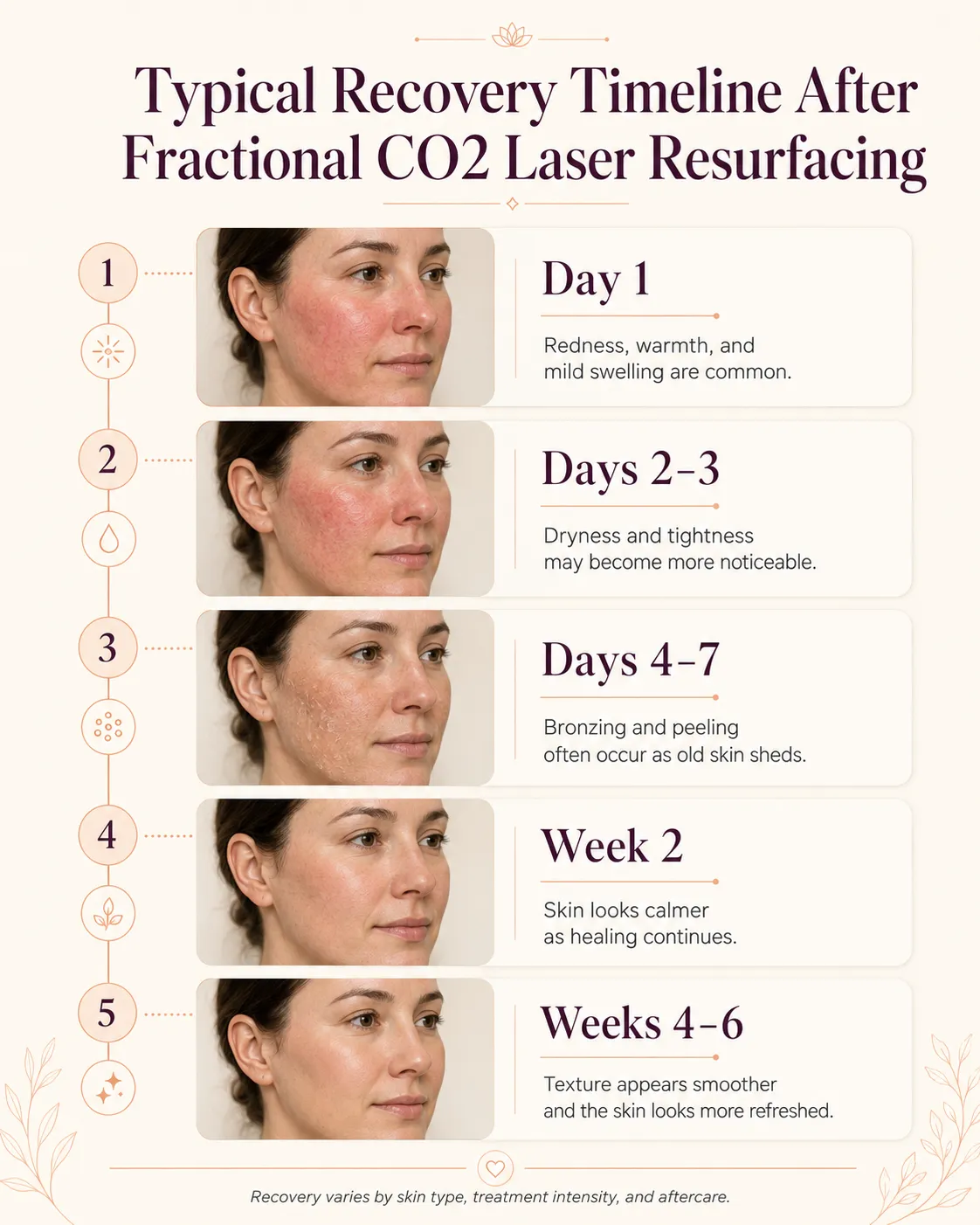 Fractional CO2 laser resurfacing recovery timeline showing redness dryness peeling healing and gradual skin renewal