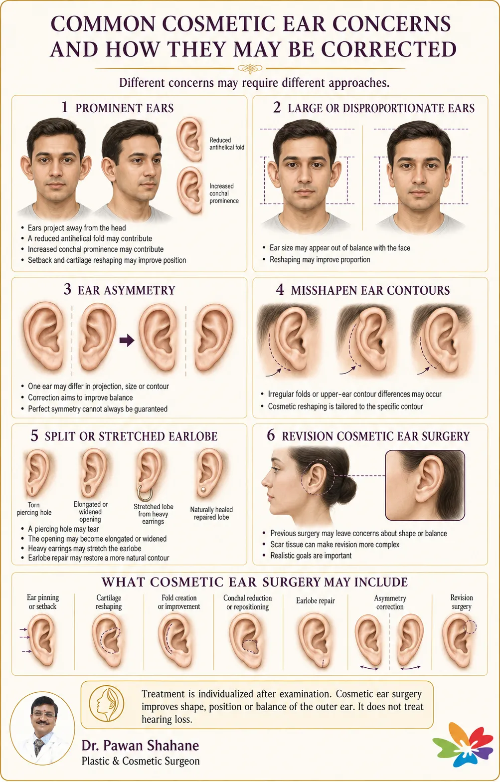 Common cosmetic ear concerns including prominent ears, large ears, asymmetry, contour differences, stretched earlobes and revision surgery