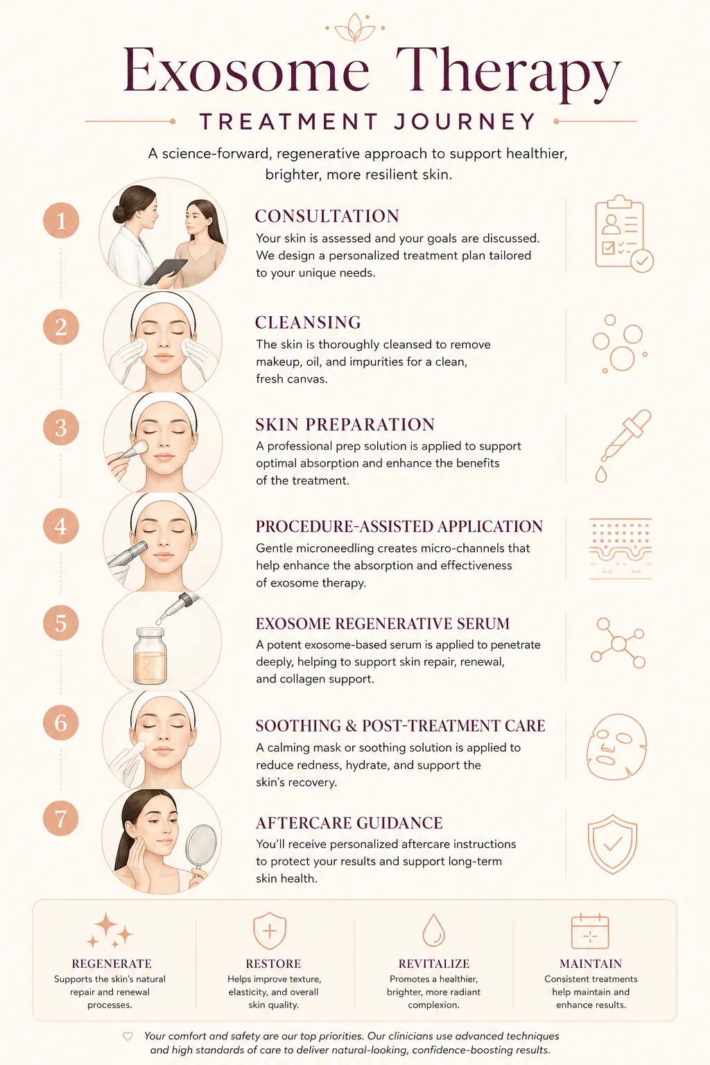Exosome therapy treatment process from consultation and microneedling to topical application and aftercare