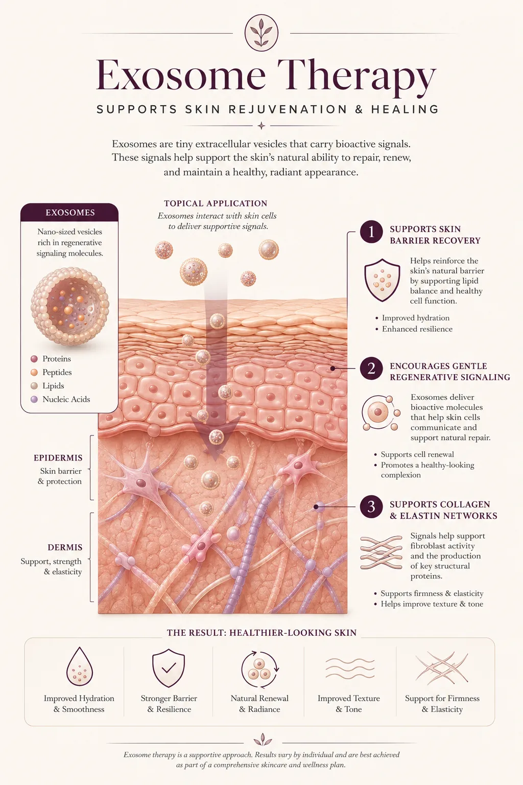 Medical illustration showing how exosome therapy may support skin recovery and cellular signalling