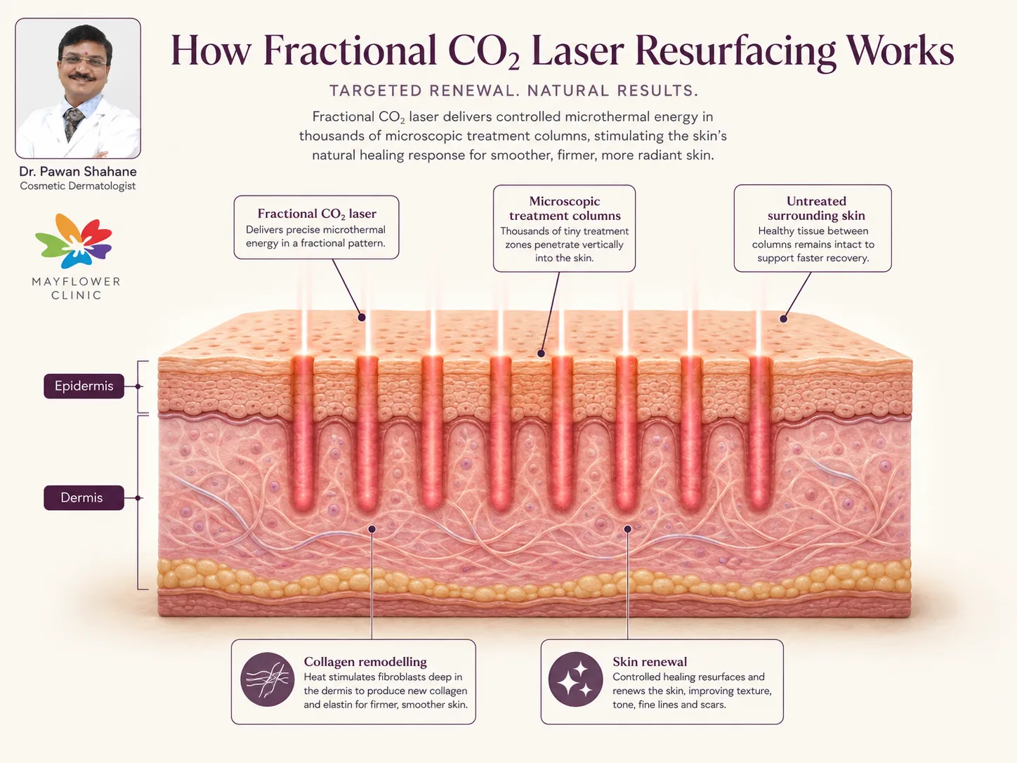 Medical illustration showing how fractional CO2 laser resurfacing creates microscopic treatment columns in skin