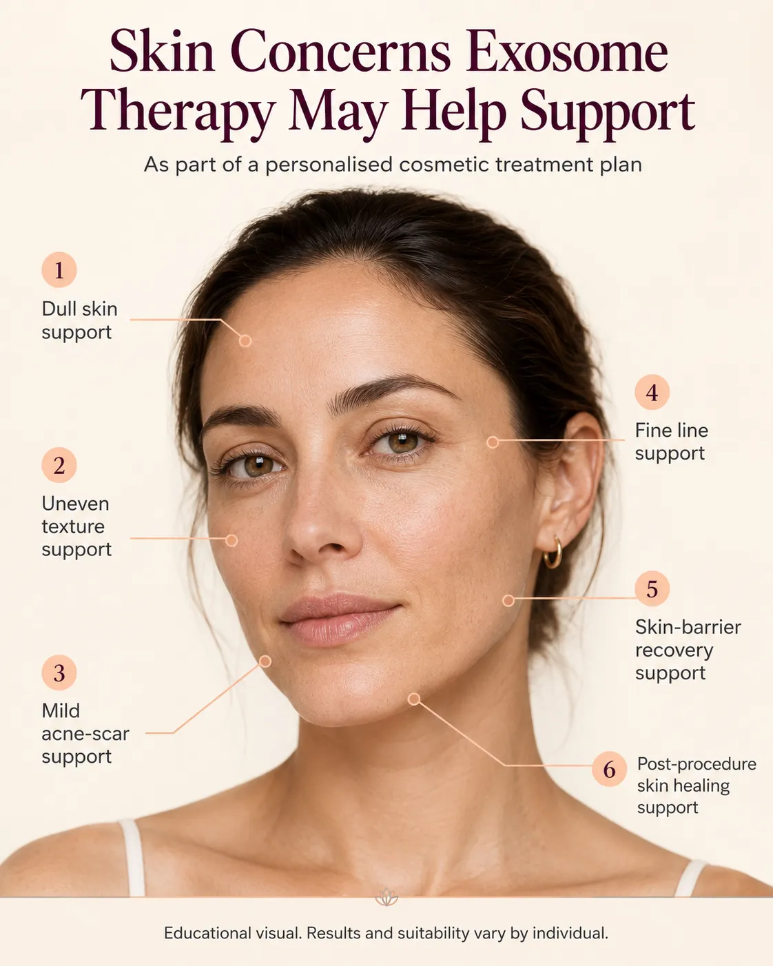 Skin concerns that may be discussed for exosome-assisted therapy including texture fine lines and recovery support
