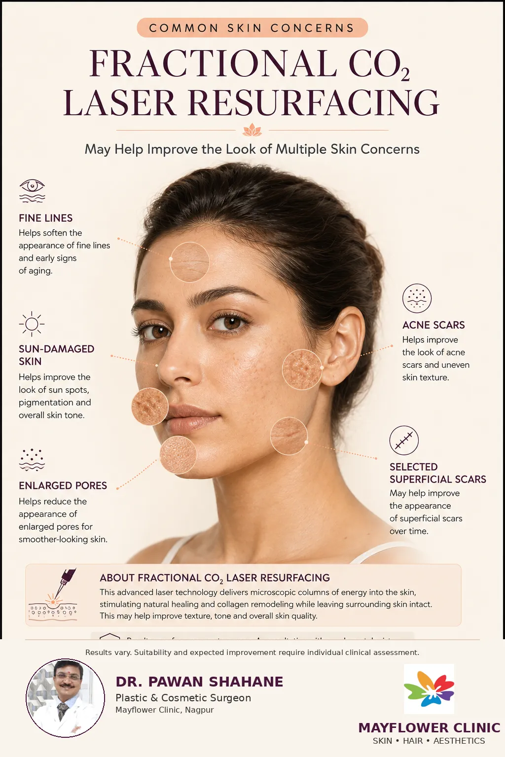 Skin concerns that may be considered for fractional CO2 laser resurfacing including acne scars texture pores fine lines and sun damage
